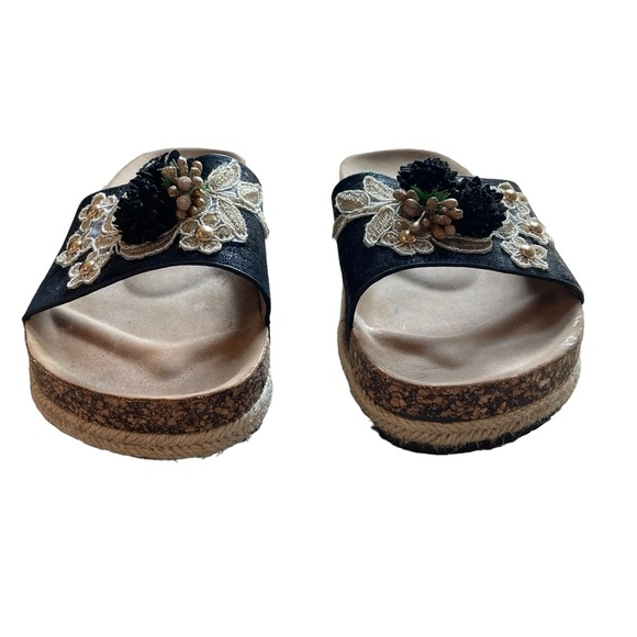 Nature Breeze Platform Slip On Slide Sandals Black Beige Floral Applique Size 8 - Picture 3 of 9